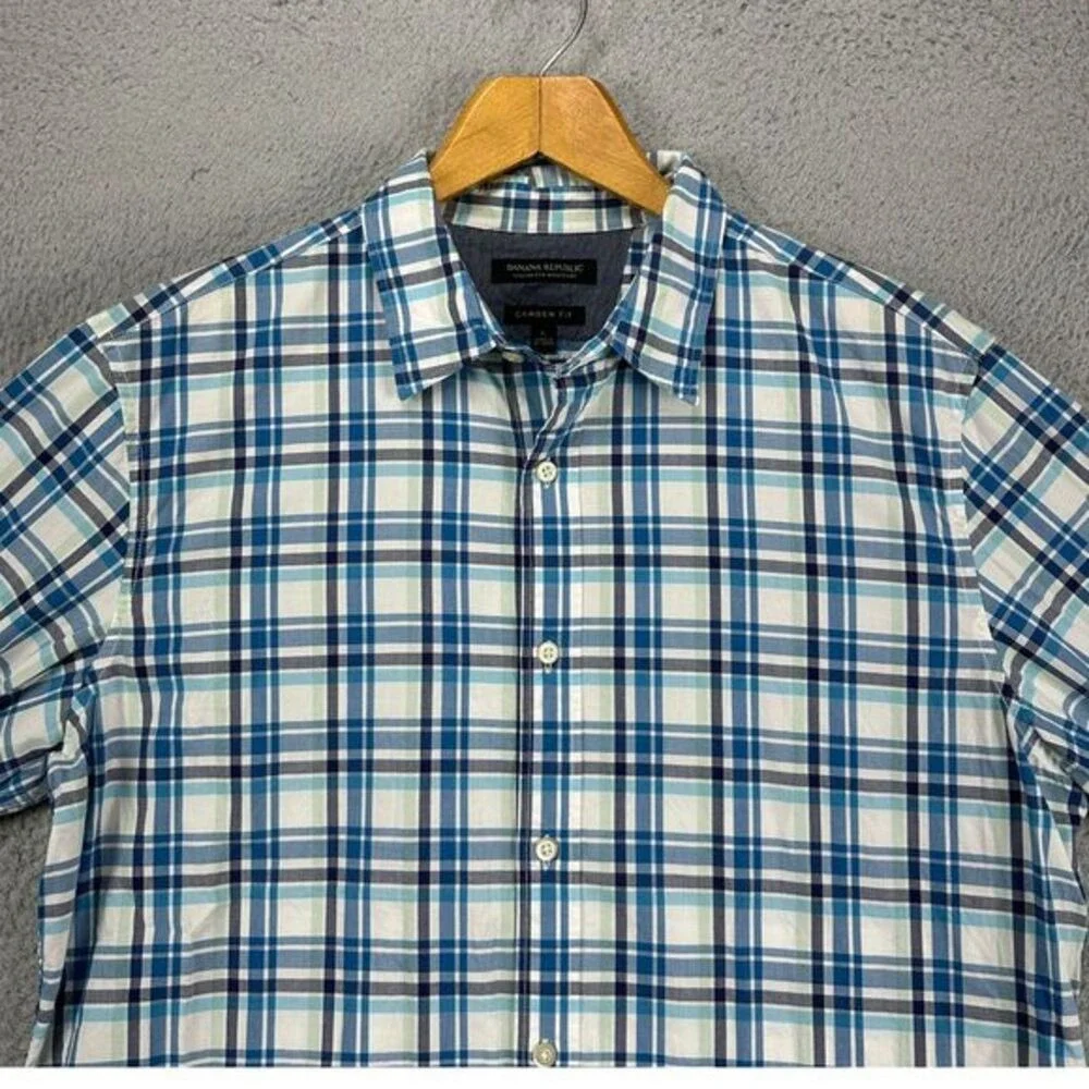 Banana Republic Button Up Shirt Adult Large White Blue Plaid Camden Fit Mens
